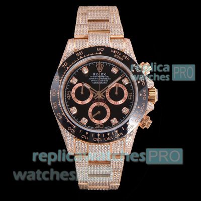 Super Clone 40mm Rolex Daytona Iced Out Diamond Rose Gold Black Dial Watch 